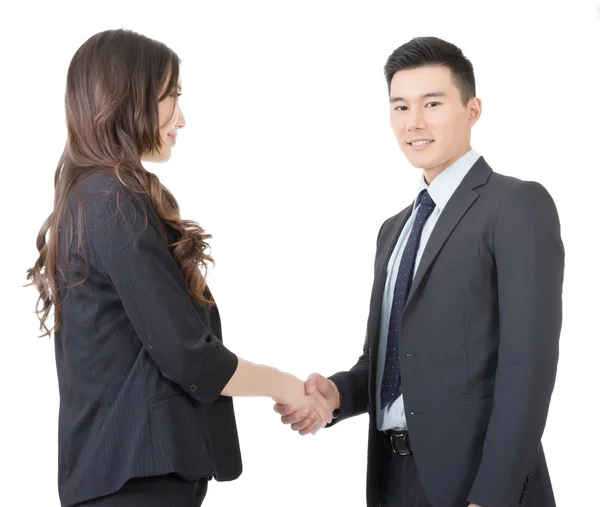 Business woman and man shake hands — Stock Photo, Image