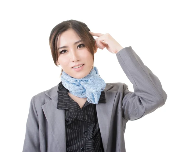 Young Asian lady put finger on head — Stock Photo, Image