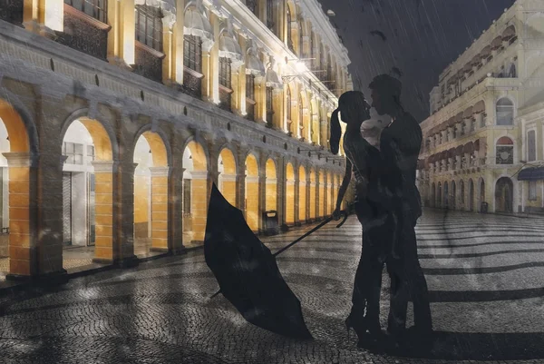 Couple standing in the raining street — Stock Photo, Image