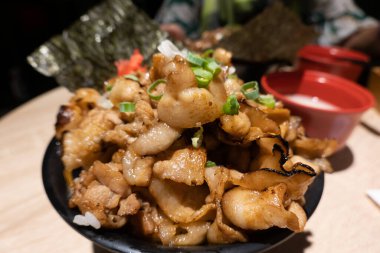 Japon Donburi, sıcak dilimlenmiş domuz eti ve pirinçli.