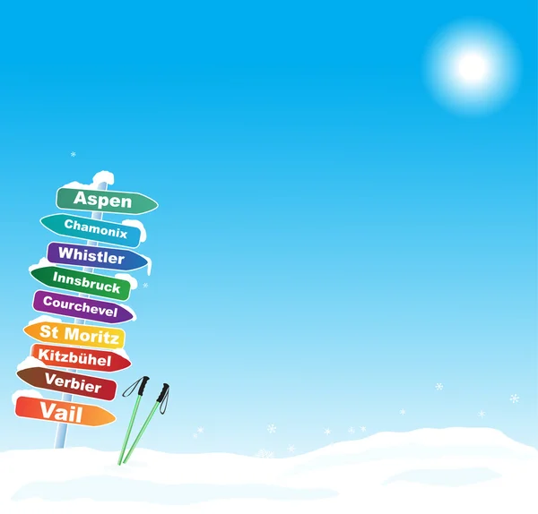 Illustration de voyage de ski avec des destinations de ski célèbres — Image vectorielle