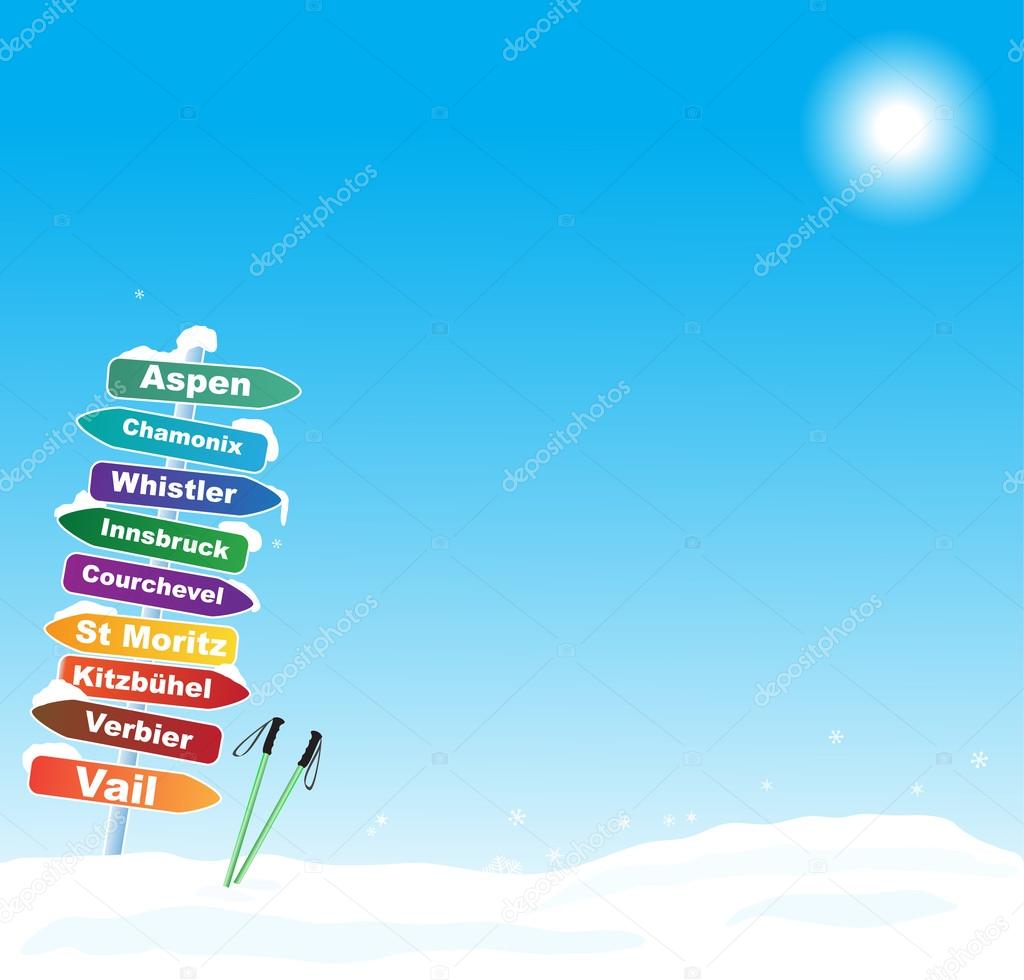 Ski trip illustration with famous ski destinations