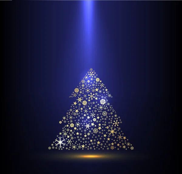 Ouro e fundo azul com árvore de Natal — Vetor de Stock