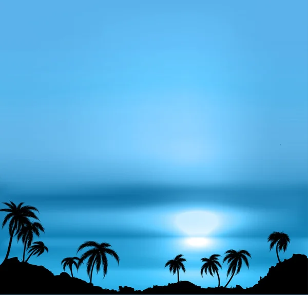 Zonsondergang vector achtergrond met zee en palm bomen. — Stockvector