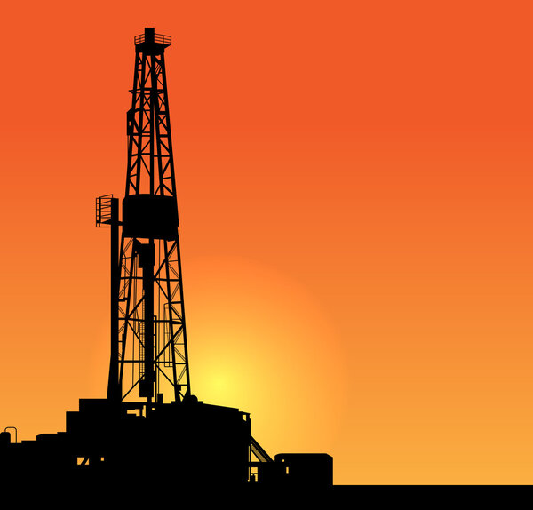 Oil drilling illustration. sunset