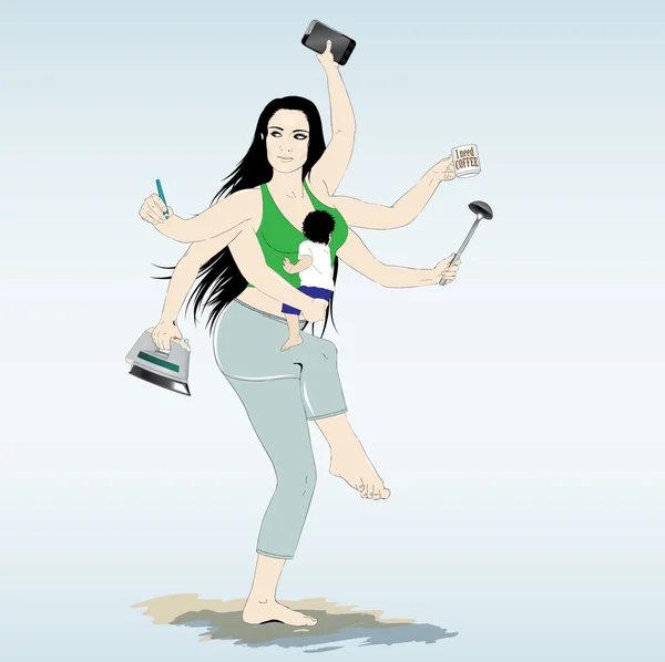 Multitasking-Supermutter mit sechs Armen. — Stockvektor