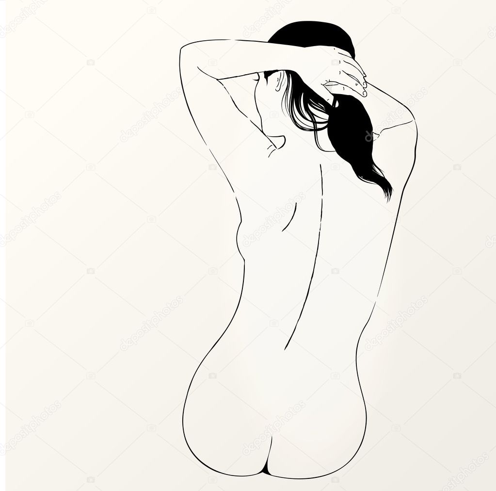 Vector sketch of naked woman. Back view