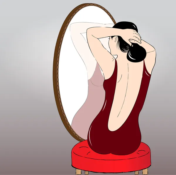 Όμορφη κοπέλα κάνει κουλούρι μαλλιά μπροστά στον καθρέφτη. — Διανυσματικό Αρχείο
