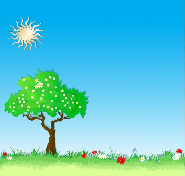 Vecteur d'été Arrière-plan avec arbre et fleurs — Image vectorielle