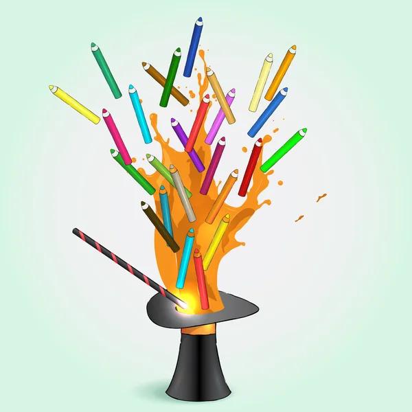 Crayons de couleur volant à partir du chapeau magique — Image vectorielle
