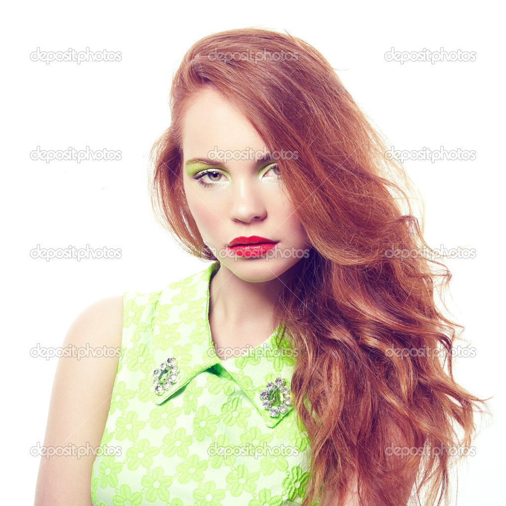 Portrait young beautiful woman on white background