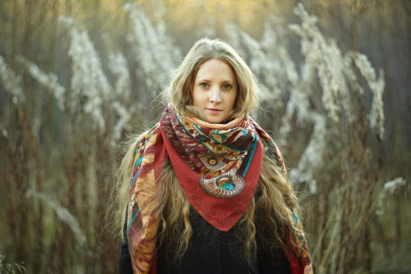 Portret van een mooi jong meisje op de natuur. herfst portret — Stockfoto