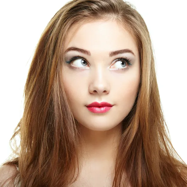 Cara de mulher bonita. Menina sorrindo. Isolado em backgro branco — Fotografia de Stock