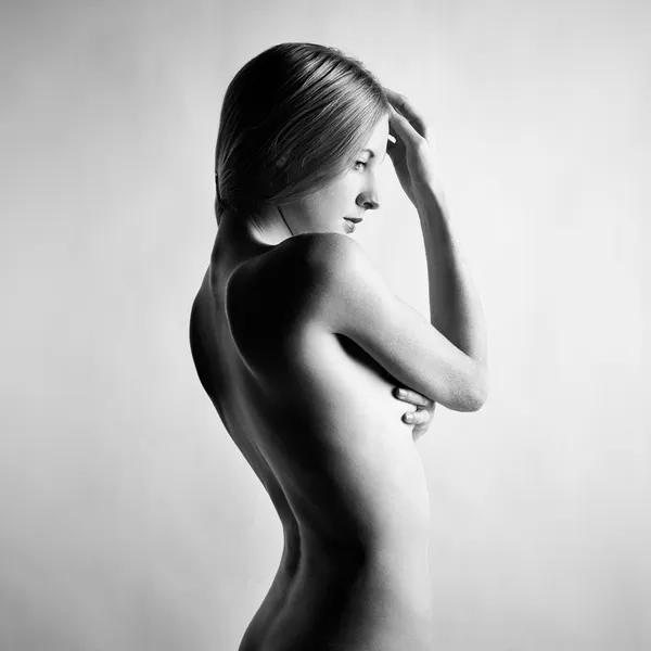 Fashion photo of beautiful nude woman. Black and white — Stock Photo, Image