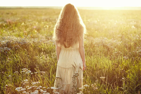 Mooi meisje op een zomer-veld. schoonheid zomer — Stockfoto