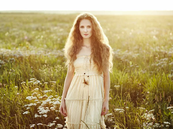 Mooi meisje op een zomer-veld. schoonheid zomer — Stockfoto
