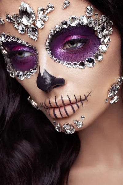 Portret Kobiety Makijażem Głowie Kostium Halloween Makijaż Portret Calavera Catrina — Zdjęcie stockowe