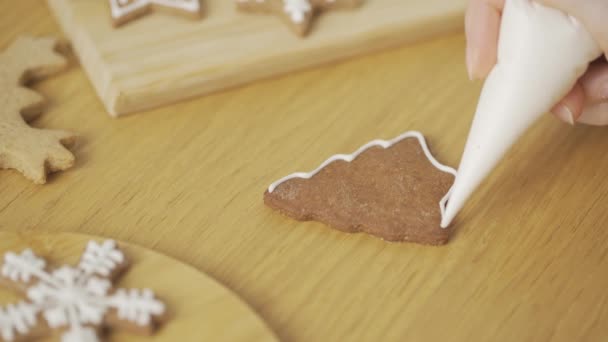 Proces Dekoracji Świątecznych Ciasteczek Jest Toku Zbliżenie Kobiety Zdobiącej Domowej — Wideo stockowe