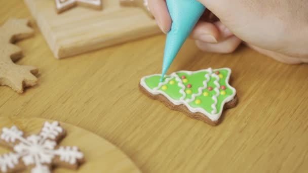 Proces Dekoracji Świątecznych Ciasteczek Jest Toku Zbliżenie Kobiety Zdobiącej Domowej — Wideo stockowe