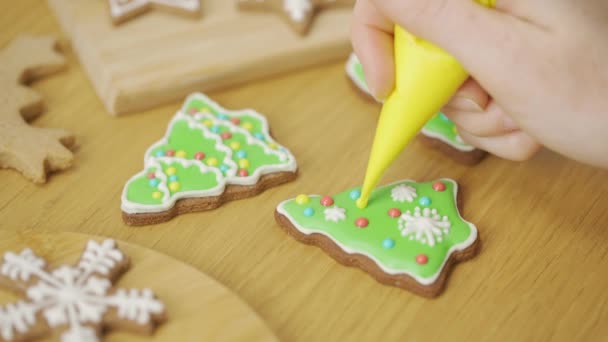 Process Decorating Christmas Cookies Motion Close Woman Decorating Homemade Gingerbread — Stockvideo