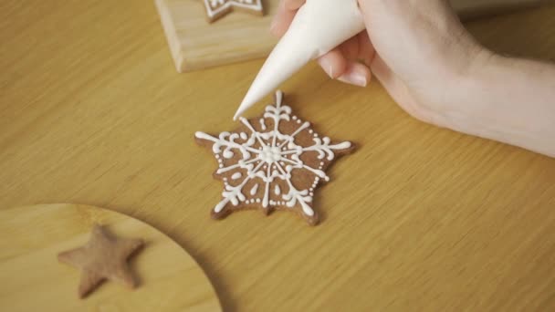 Process Decorating Christmas Cookies Motion Close Woman Decorating Homemade Gingerbread — Stock Video