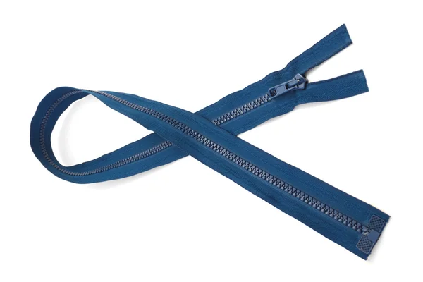 Blue zipper closeup isolated on white background — Stock Photo, Image