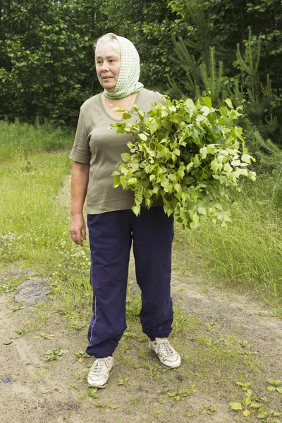 Dojrzałe kobiety piękne przygotowuje miotły brzozowe — Zdjęcie stockowe