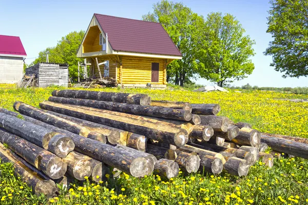 Houten huis in de weide met paardebloemen. Rusland — Stockfoto