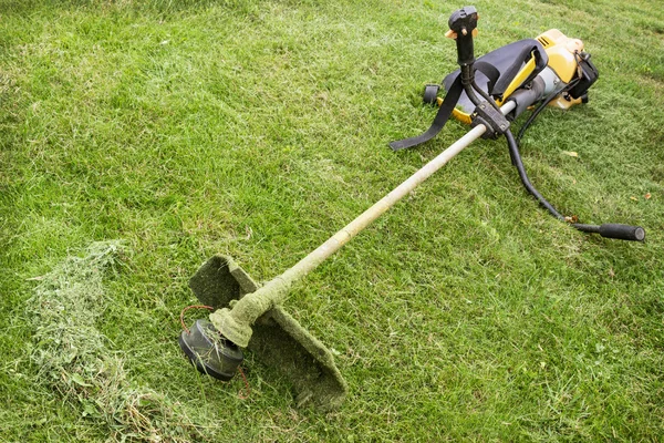 Benzintrimmer steht auf dem abschüssigen Rasen — Stockfoto