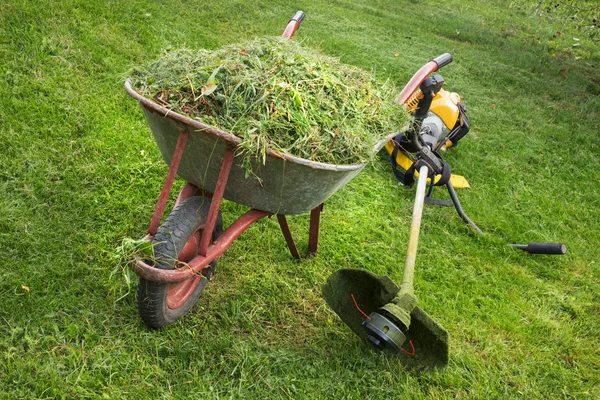 Wheelbarrow with grass and the trimmer — Stock Photo, Image