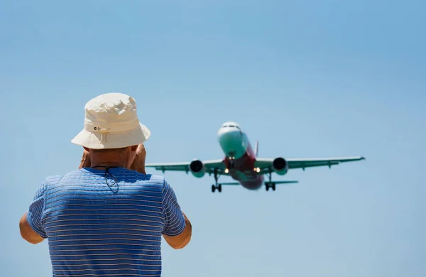 Capturar Fotos Avião Aterragem Avião Spotting Hobby Rastreamento Aviões Que — Fotografia de Stock