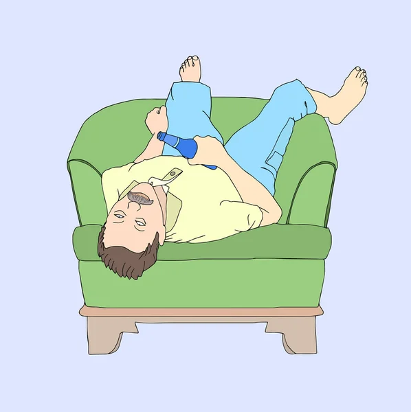 酒を飲んだ後は気分が悪くなる 男は脇の椅子で瓶を手に寝ている イラスト — ストックベクタ