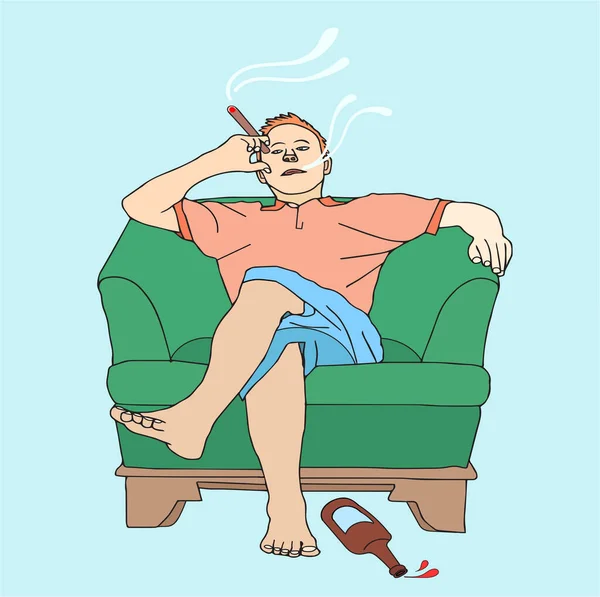 Feeling Unwell Tobacco Alcohol Drinking Man Hangover Armchair Illustration — Stock Vector