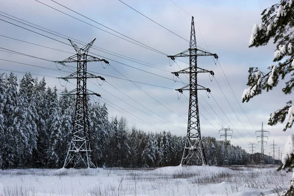 High Voltage Lines December Day Frosty Winter Weather — 图库照片