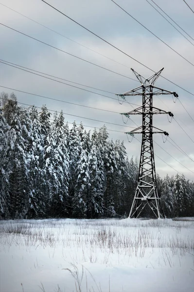 One Supports High Voltage Lines December Day Frosty Winter Weather — Stockfoto