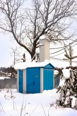 Transformer substation for electricity supply of village. January. Russia