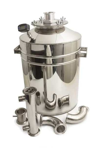 Tank Moonshine Still Parts Its Assembly White Background Isolated — 스톡 사진