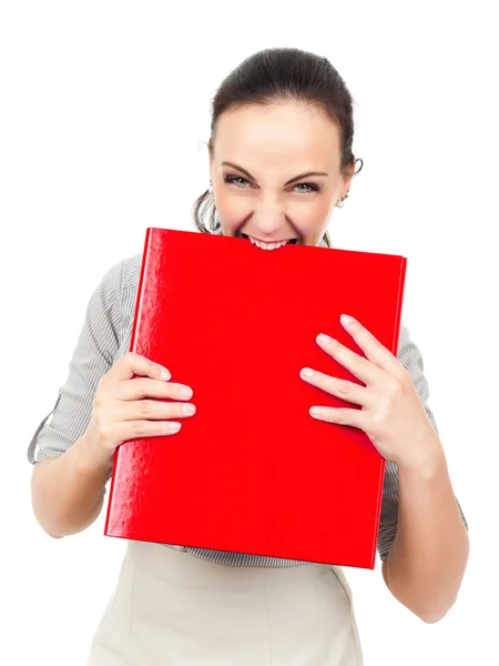 Vrouw met een rode binder — Stockfoto