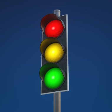 Tipik trafik ışıkları kırmızı, sarı ve yeşil gösteriyor. 3B illüstrasyon