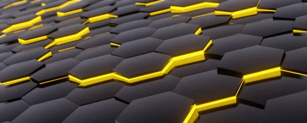 Zwarte Zeshoekige Tegels Geel Gloeiende Achtergrond Illustratie — Stockfoto