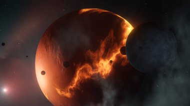 Uzayda yıldızlarla parlayan kırmızı bir gezegen. 3d illüstrasyon