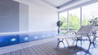 Güneş pansiyonlu kapalı bir havuz. 3B illüstrasyon