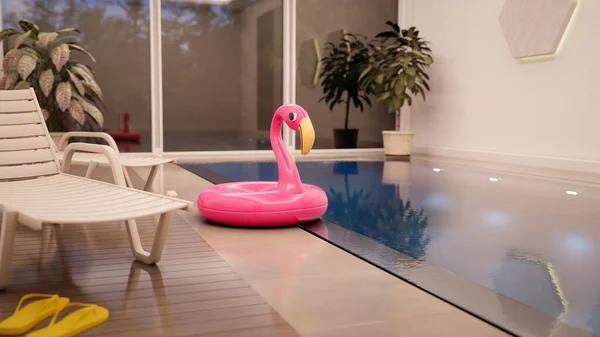 Een Binnenzwembad Met Een Roze Flamingo Illustratie — Stockfoto