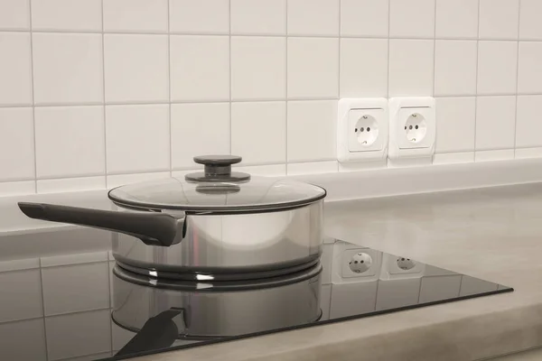 炉灶上有壶的厨房背景图 3D插图 — 图库照片