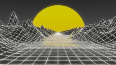 Tipik 80 'ler tarzı bir bilgisayar grafiksel kablo manzarası. 3B illüstrasyon