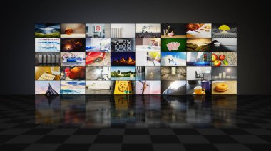 Düz ekran televizyon video duvarı. 3B illüstrasyon