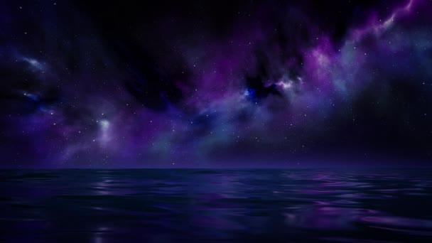 Bellissimo Cielo Notturno Con Stelle Nebulosa Oceano Acqua Animazione — Video Stock