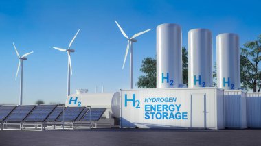 Güneş santrali ve rüzgar türbinli hidrojen enerji depolama bataryası. 3B illüstrasyon