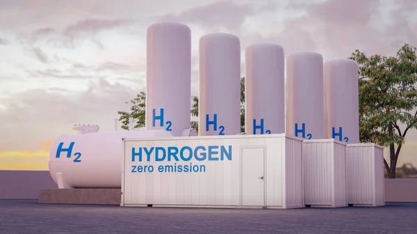 Hidrogén Nulla Kibocsátású Tároló Központ Naplementekor Illusztráció — Stock Fotó