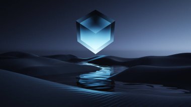 A strange cube light desert dunes water reflections night scene.3D illustration